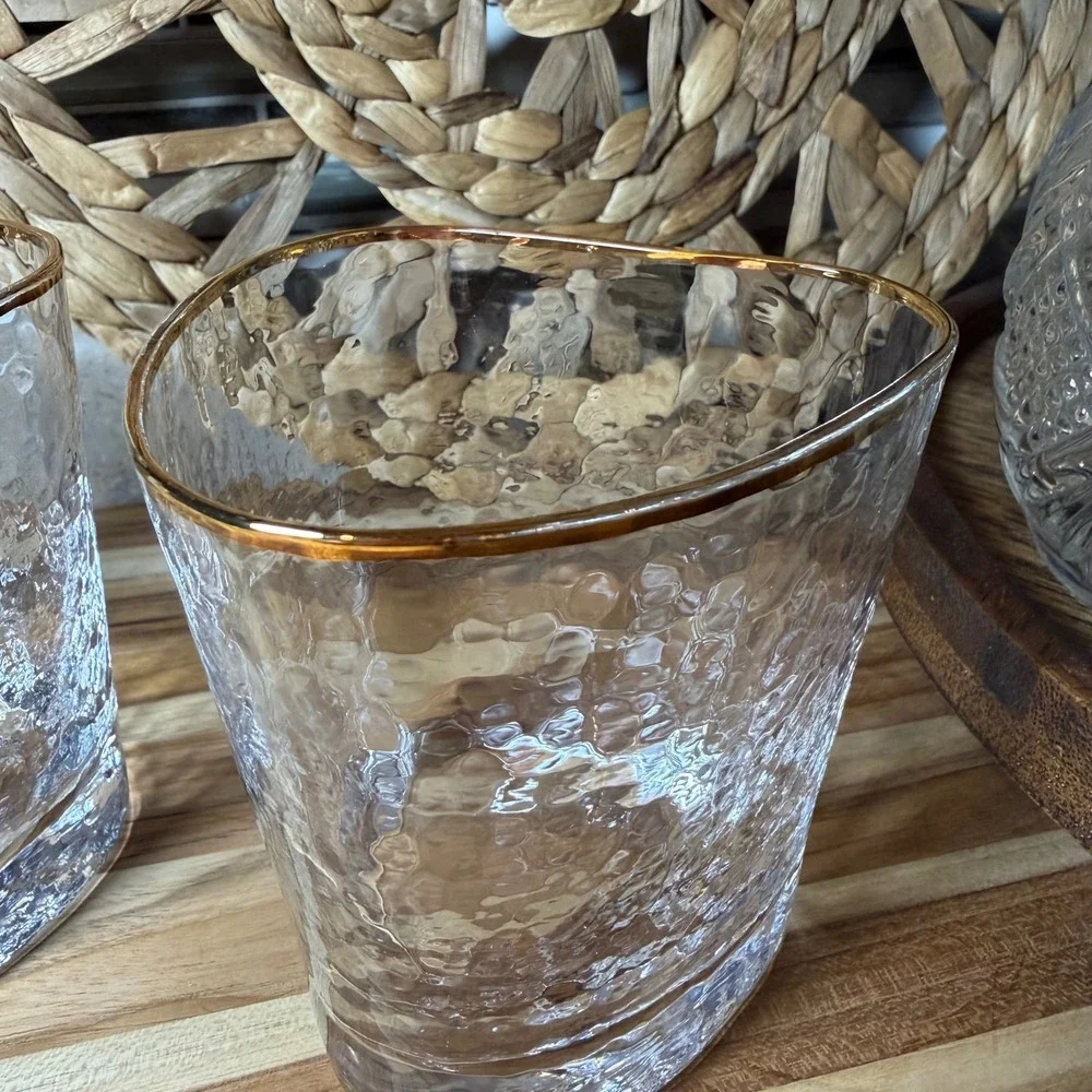 Vintage Hammered Gold Rim Triangular Whiskey Glasses Set of 2 Rocks Glass Clear